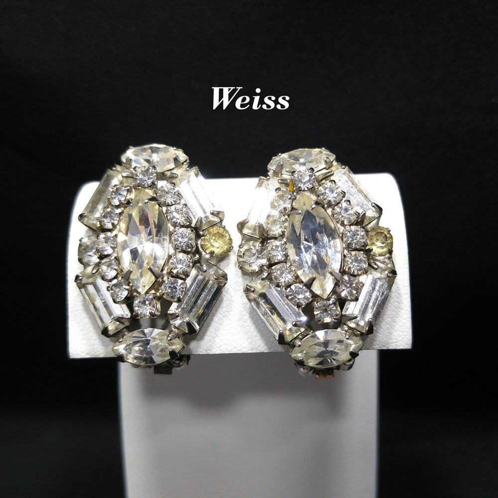 Weiss 1940s–50s Clear Rhinestone Clip-On Earrings Bridal Jewelry